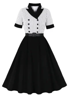 Outlet Retro Stage 1950s Vertical Stripe Patchwork Lapel Dress Black
