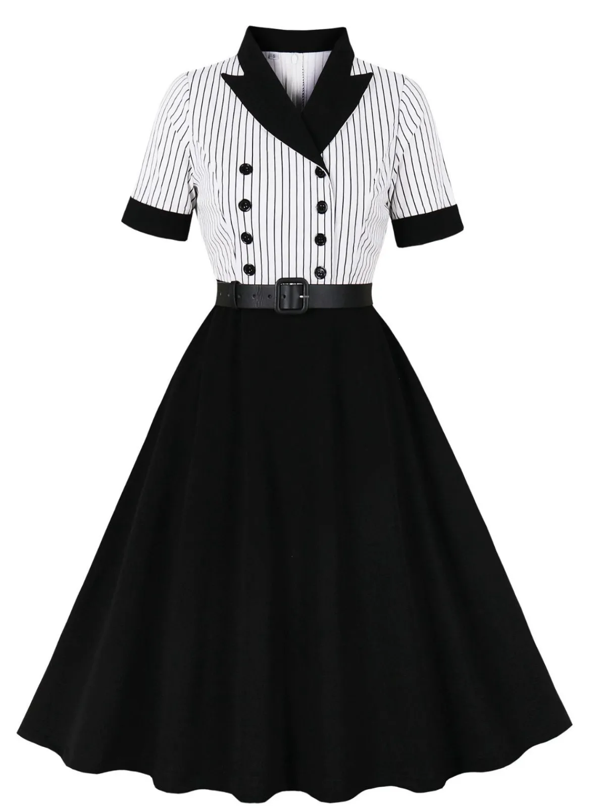 Outlet Retro Stage 1950s Vertical Stripe Patchwork Lapel Dress Black