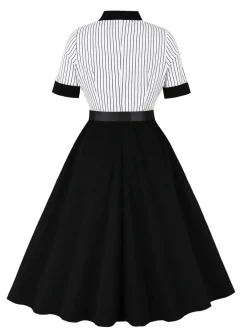 Outlet Retro Stage 1950s Vertical Stripe Patchwork Lapel Dress Black