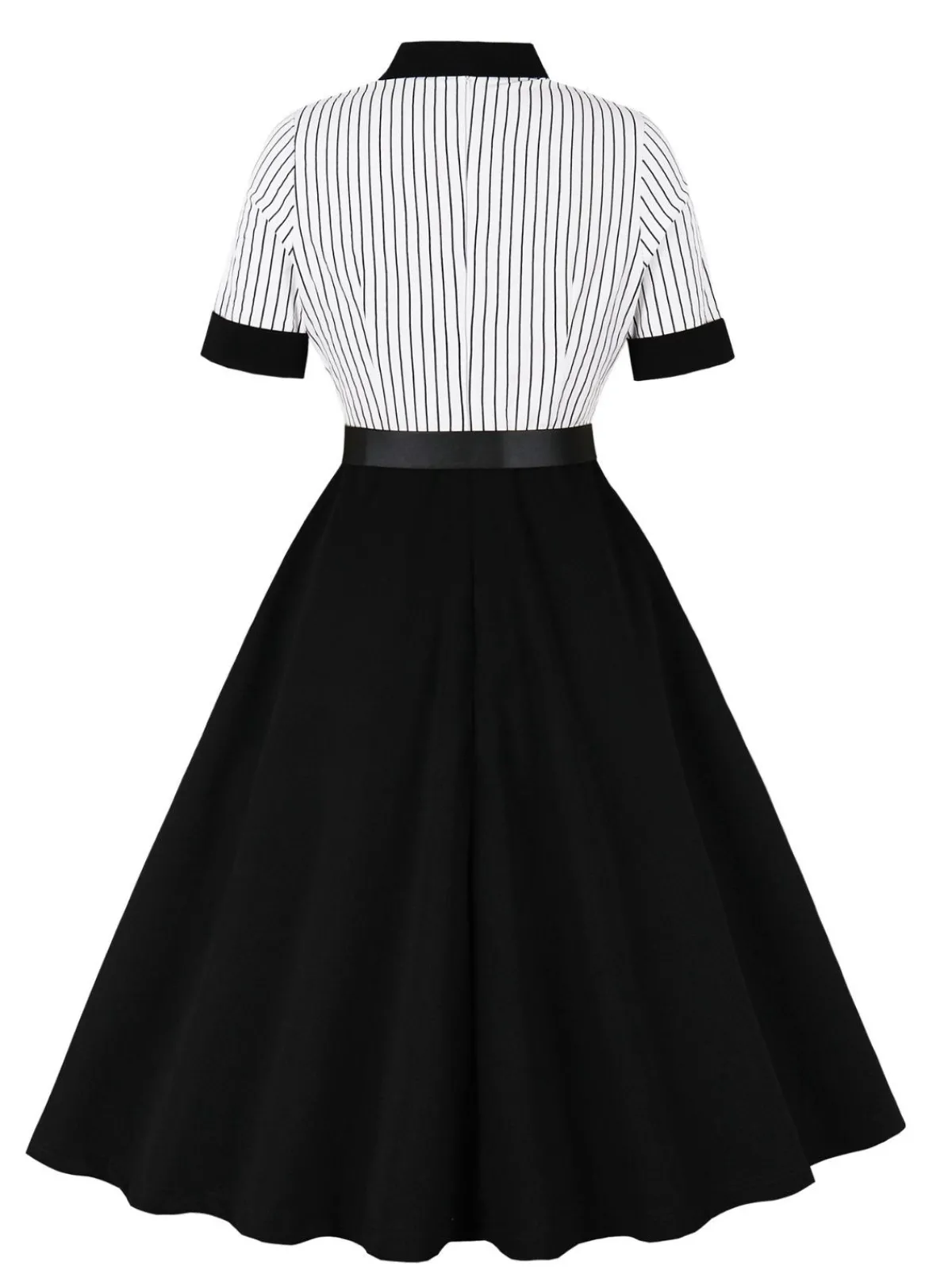 Outlet Retro Stage 1950s Vertical Stripe Patchwork Lapel Dress Black