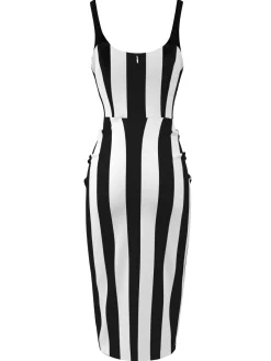 New Retro Stage Black 1960s Vertical Stripe Straps Pencil Dress