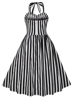 Hot Retro Stage 1950s Vertical Stripes Halter Dress Black