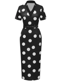 Best Retro Stage Black 1960s V-Neck Belted Pencil Dress