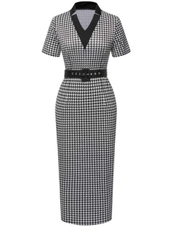 Best Retro Stage Black 1960s V-Neck Belted Pencil Dress