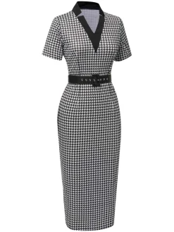 Best Retro Stage Black 1960s V-Neck Belted Pencil Dress