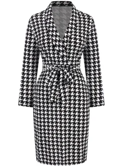 Outlet Retro Stage 1980s V-Neck Bow Houndstooth Dress Black