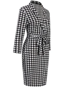Outlet Retro Stage 1980s V-Neck Bow Houndstooth Dress Black