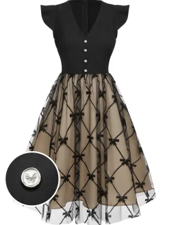 Outlet Retro Stage 1950s V-Neck Bow Mesh Dress Black
