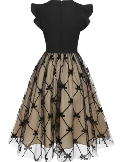 Outlet Retro Stage 1950s V-Neck Bow Mesh Dress Black
