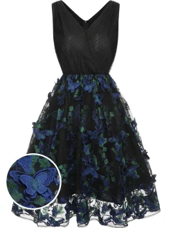 Sale Retro Stage 1950s V-Neck 3D Butterfly Mesh Dress Black