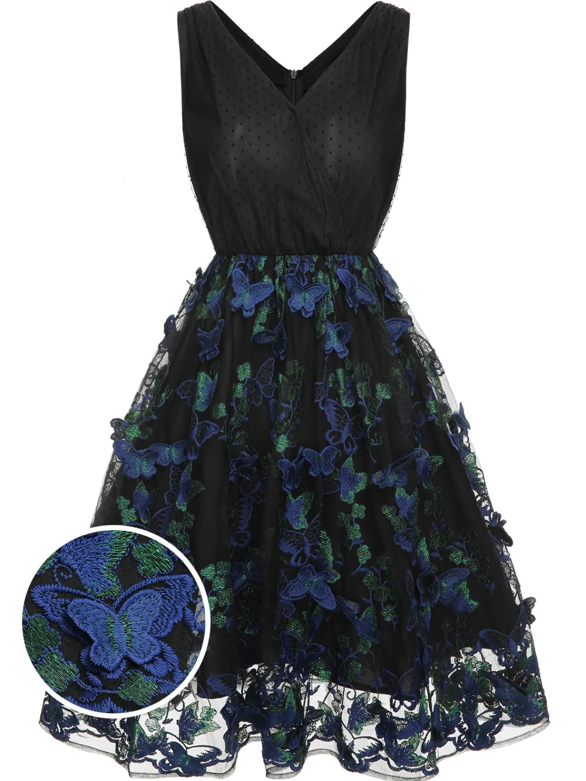 Sale Retro Stage 1950s V-Neck 3D Butterfly Mesh Dress Black