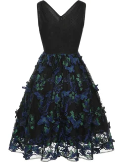 Sale Retro Stage 1950s V-Neck 3D Butterfly Mesh Dress Black