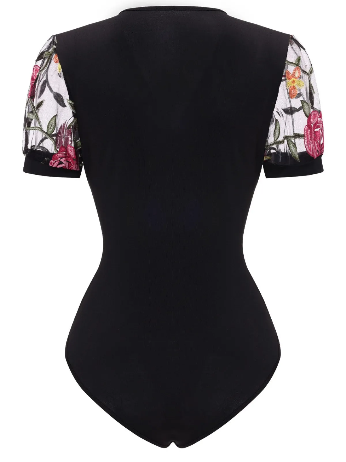 Clearance Retro Stage 1970s V-Neck Embroidered Floral Bodysuit Black