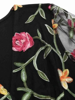 Clearance Retro Stage 1970s V-Neck Embroidered Floral Bodysuit Black