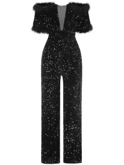 Online Retro Stage 1980s V-Neck Feather Sequined Jumpsuit Black