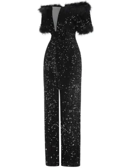 Online Retro Stage 1980s V-Neck Feather Sequined Jumpsuit Black