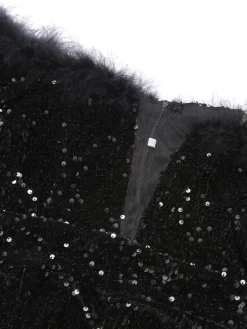 Online Retro Stage 1980s V-Neck Feather Sequined Jumpsuit Black
