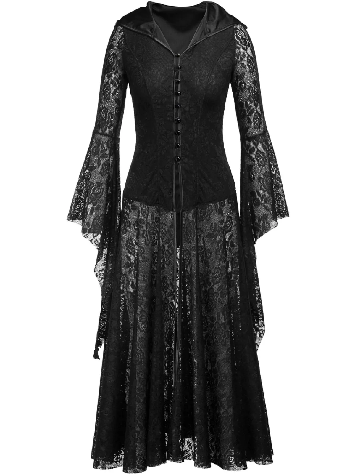 Clearance Retro Stage 1980s V-Neck Floral Lace Hooded Dress Black