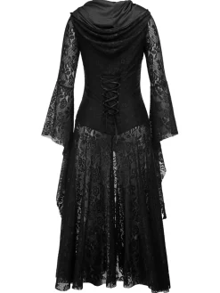Clearance Retro Stage 1980s V-Neck Floral Lace Hooded Dress Black