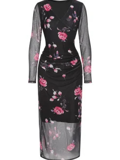 Hot Retro Stage 1960s V-Neck Floral Mesh Dress Black