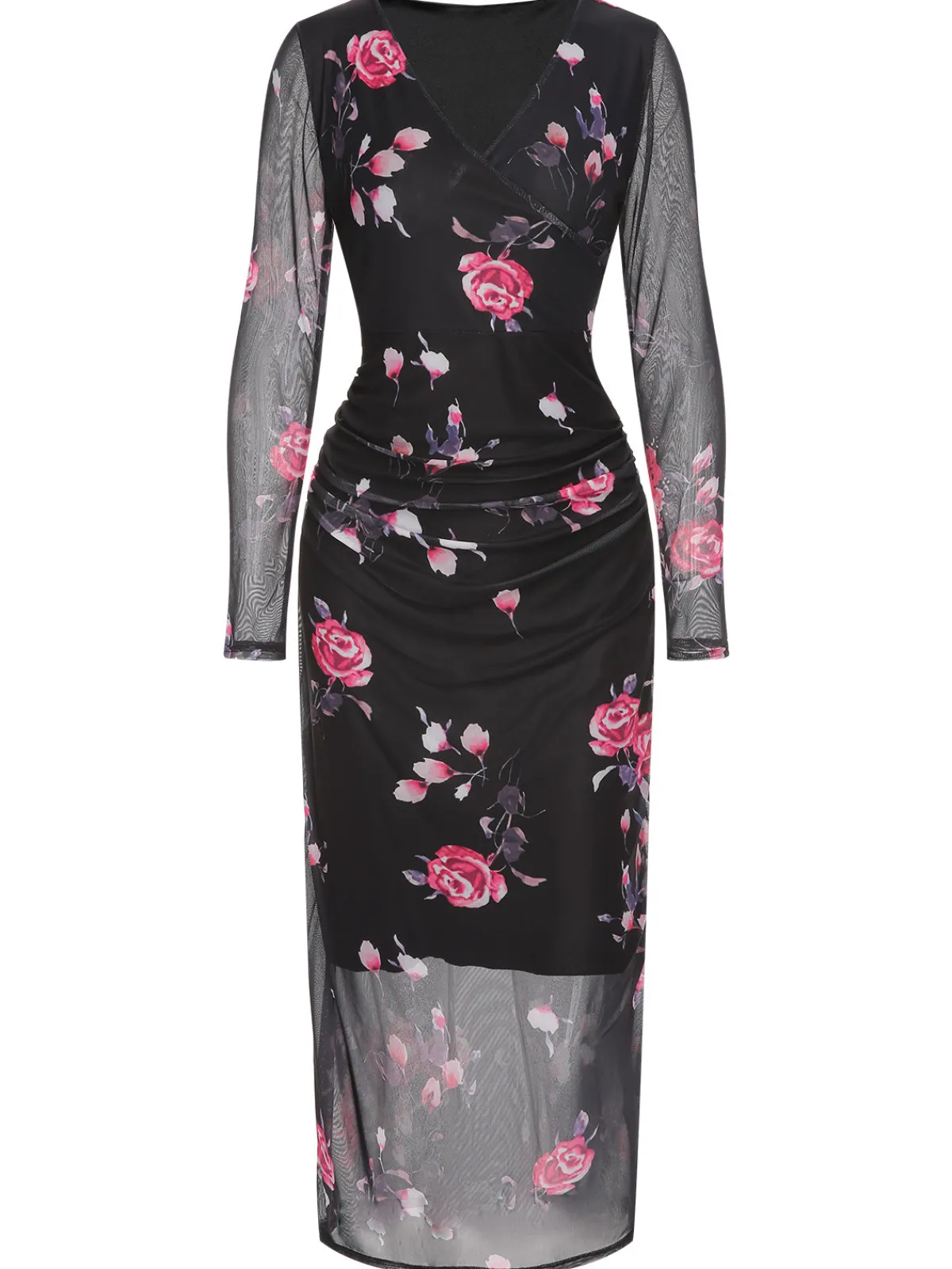 Hot Retro Stage 1960s V-Neck Floral Mesh Dress Black