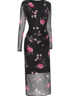 Hot Retro Stage 1960s V-Neck Floral Mesh Dress Black