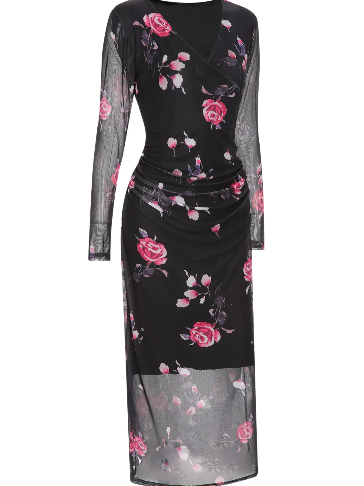 Hot Retro Stage 1960s V-Neck Floral Mesh Dress Black