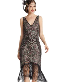 Hot Retro Stage 1920s V-Neck Floral Sequined Dress Black