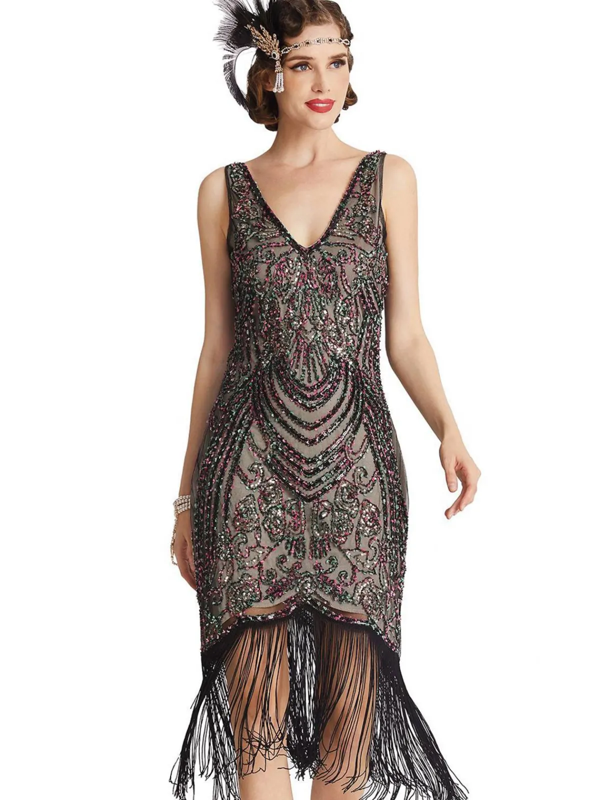 Hot Retro Stage 1920s V-Neck Floral Sequined Dress Black