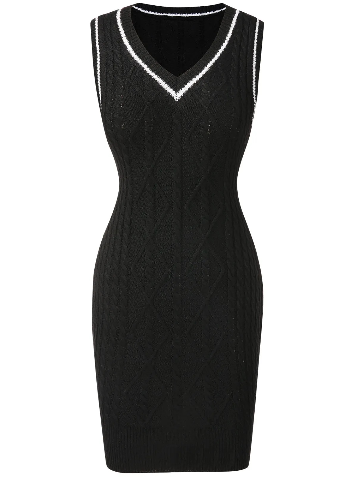 New Retro Stage 1960s V-Neck Knitted Sleeveless Dress Black