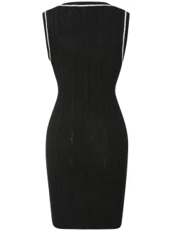 New Retro Stage 1960s V-Neck Knitted Sleeveless Dress Black