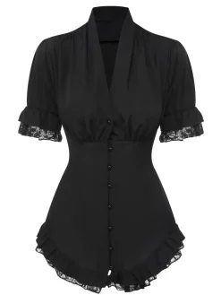 New Retro Stage 1930s V-Neck Lace Victorian Blouse Black