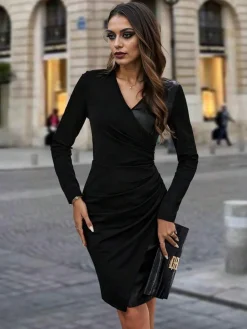 New Retro Stage 1960s V-Neck Leather Patchwork Bodycon Dress Black