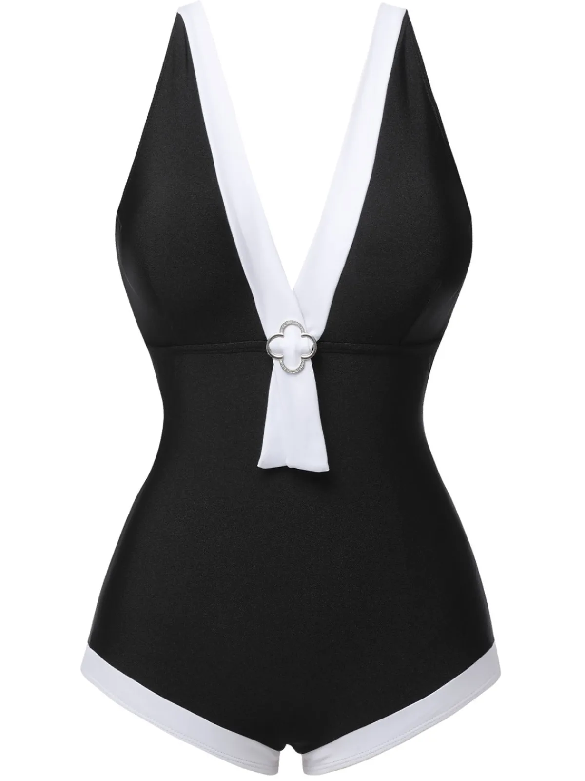 Outlet Retro Stage 1960s V-Neck Patchwork One-Piece Swimsuit Black