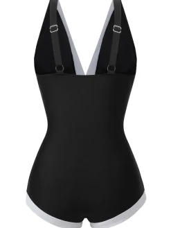 Outlet Retro Stage 1960s V-Neck Patchwork One-Piece Swimsuit Black