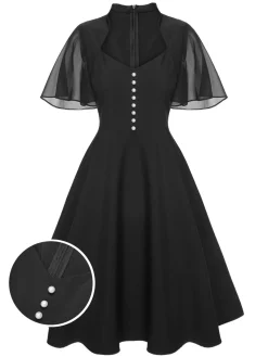 Discount Retro Stage 1950s V-Neck Pearl Buttons Dress Black