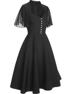 Discount Retro Stage 1950s V-Neck Pearl Buttons Dress Black