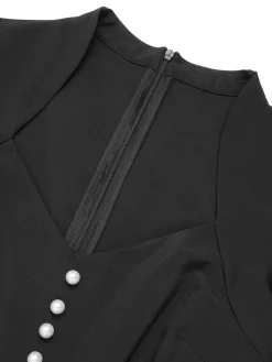 Discount Retro Stage 1950s V-Neck Pearl Buttons Dress Black