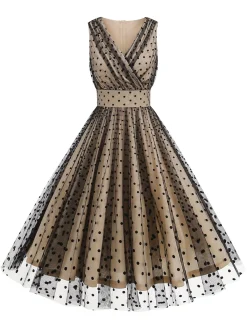 Hot Retro Stage 1950s V-Neck Polka Dot Mesh Dress Black