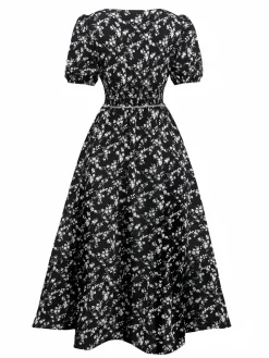 Online Retro Stage 1940s V-Neck Puff Ditsy Floral Dress Black