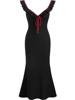 Hot Retro Stage 1930s V-Neck Ruffled Knitted Mermaid Dress Black