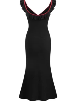 Hot Retro Stage 1930s V-Neck Ruffled Knitted Mermaid Dress Black