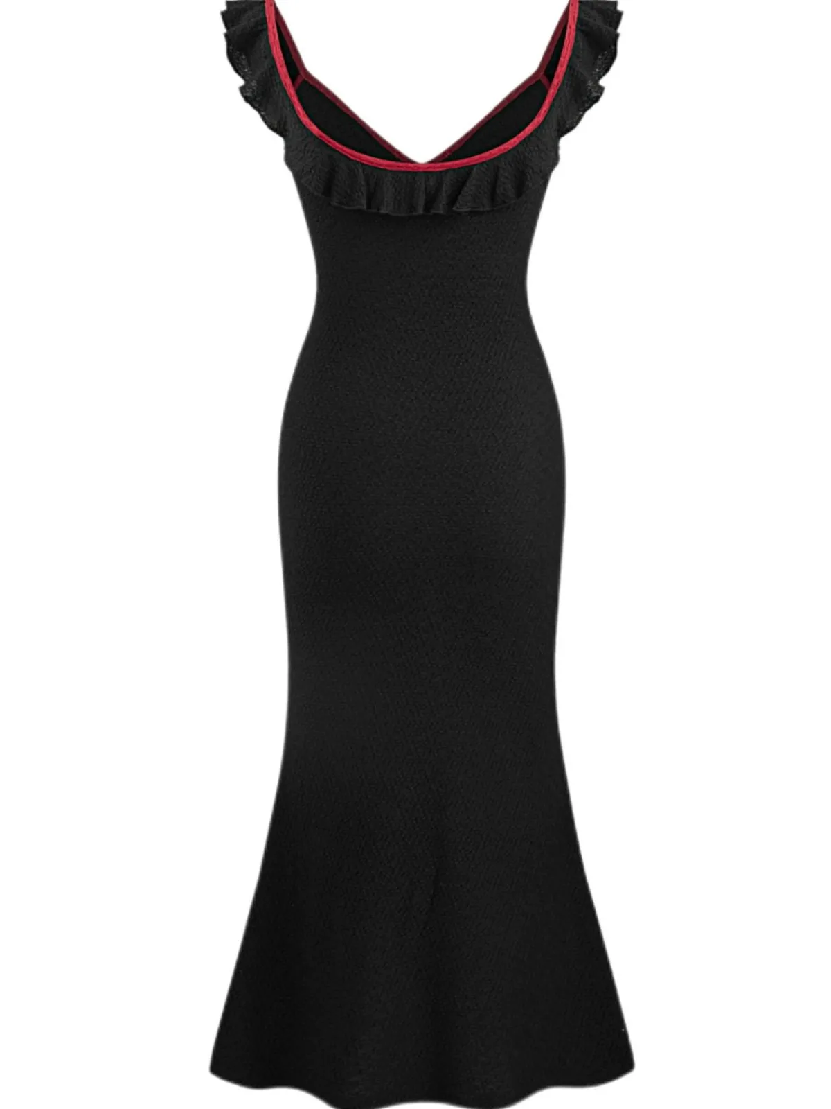 Hot Retro Stage 1930s V-Neck Ruffled Knitted Mermaid Dress Black