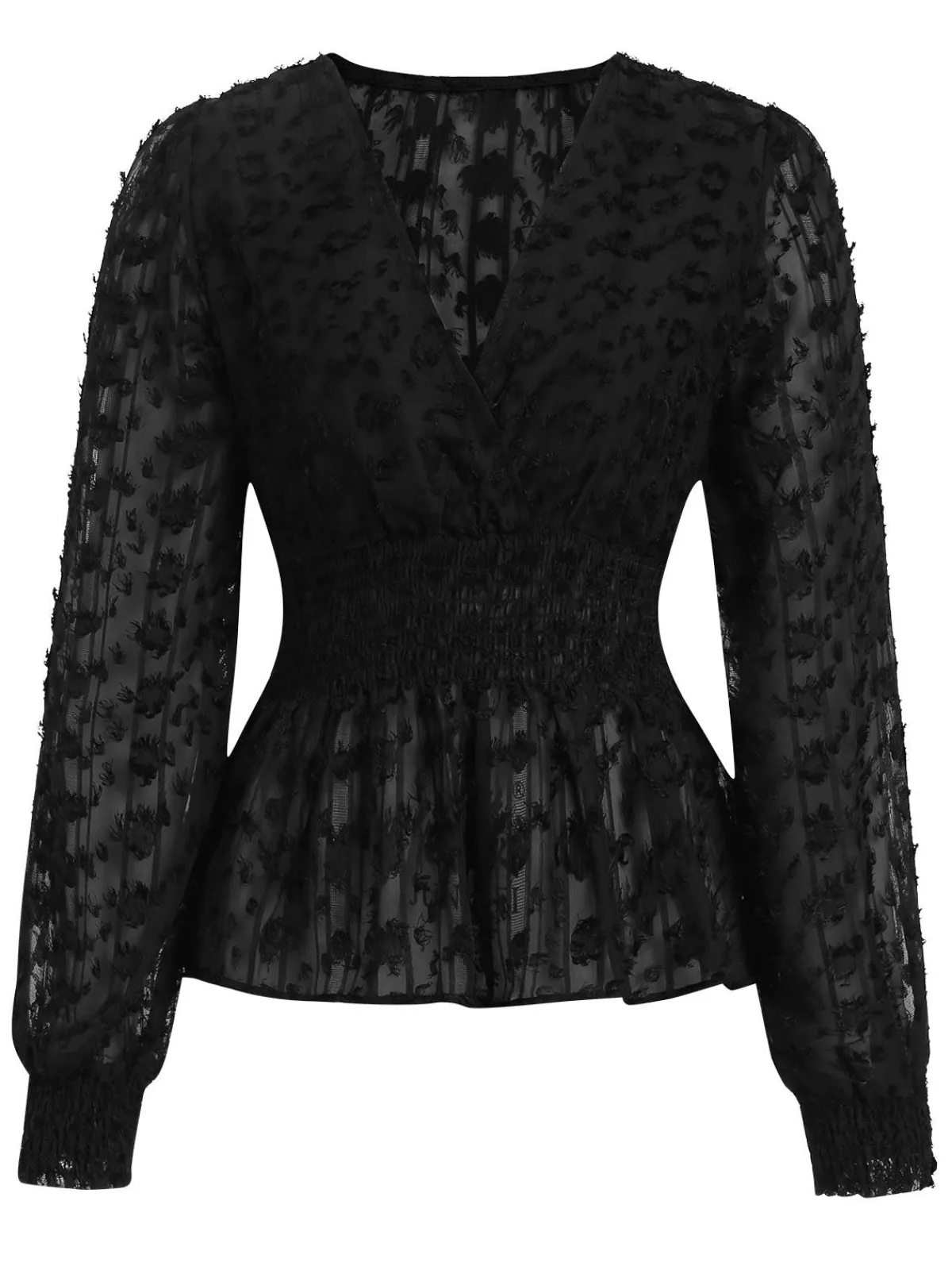 Outlet Retro Stage 1950s V-Neck Smocked Translucent Top Black