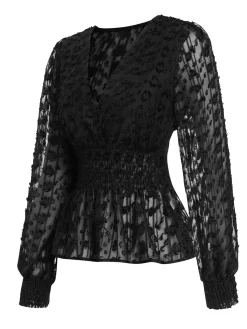 Outlet Retro Stage 1950s V-Neck Smocked Translucent Top Black