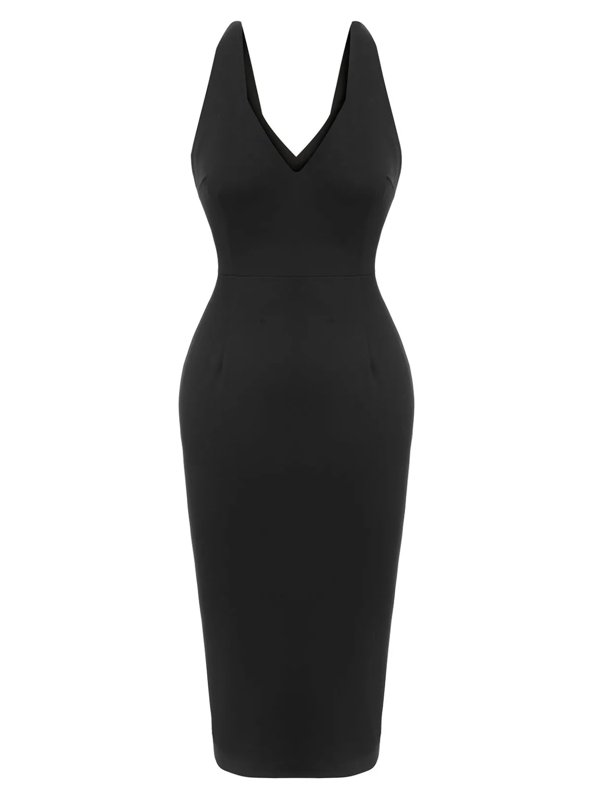 Sale Retro Stage 1960s V-Neck Solid Bodycon Dress Black