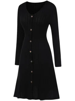 Hot Retro Stage 1940s V-Neck Solid Knitted Dress Black