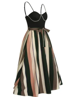 Discount Retro Stage 1940s Waist Tie Stripe Straps Dress Black
