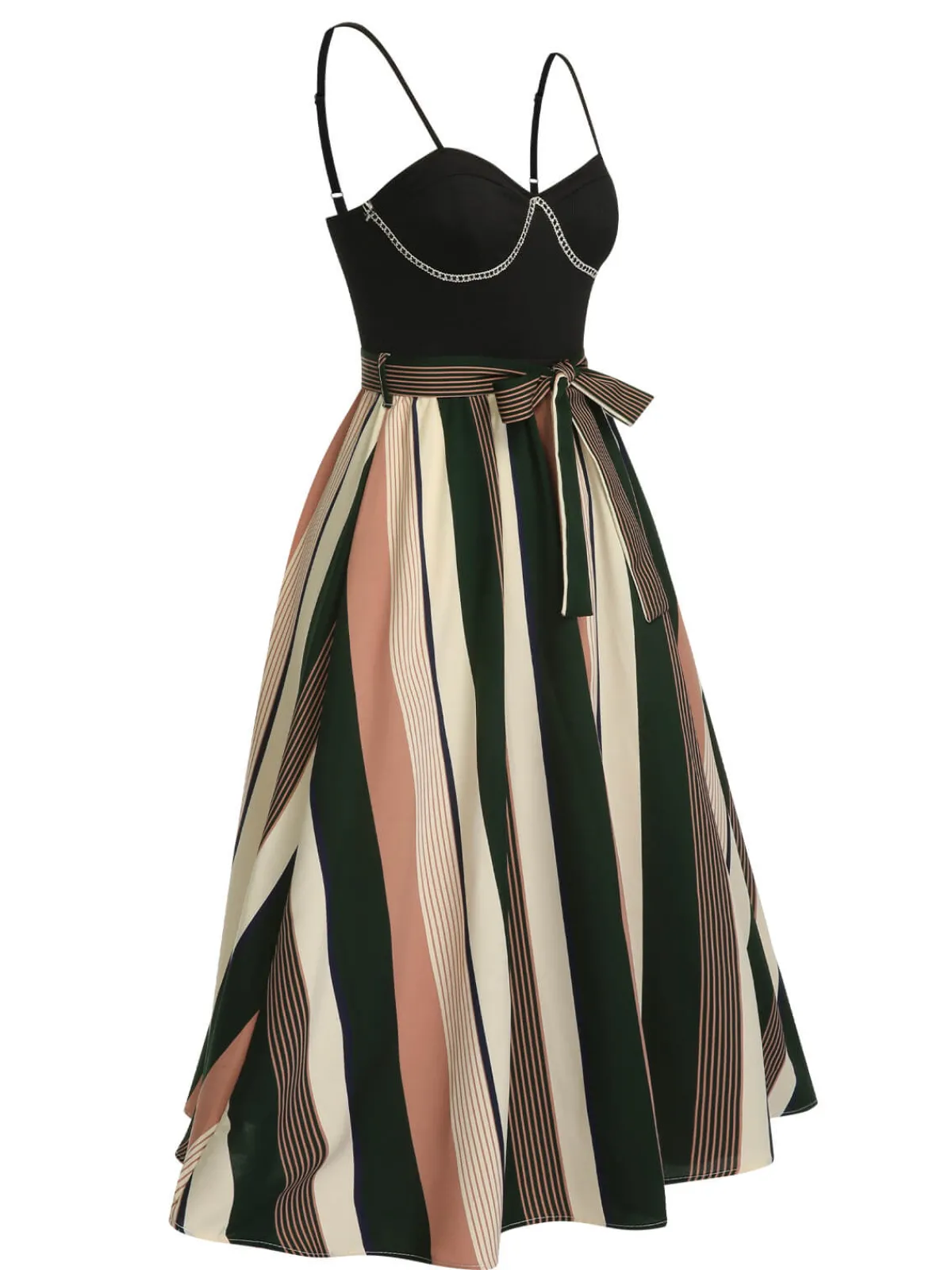 Discount Retro Stage 1940s Waist Tie Stripe Straps Dress Black