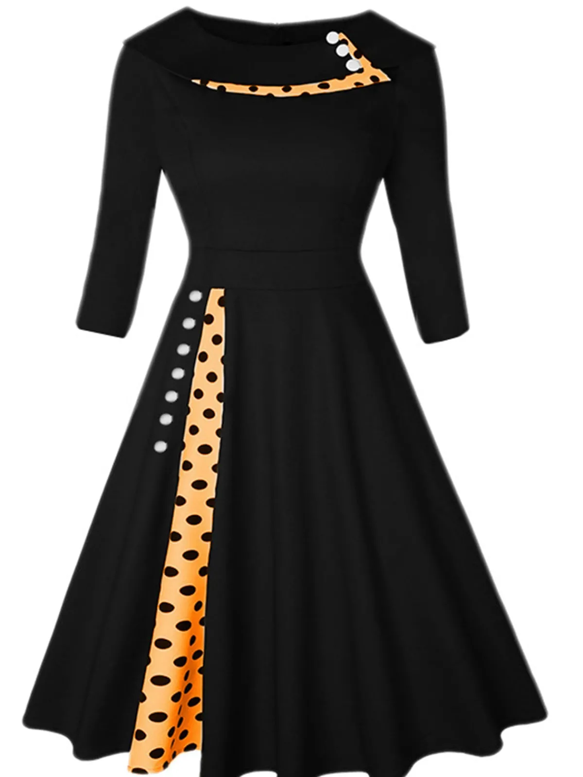 Best Retro Stage 1950s Wide Lapel Polka Dots Patchwork Dress Black